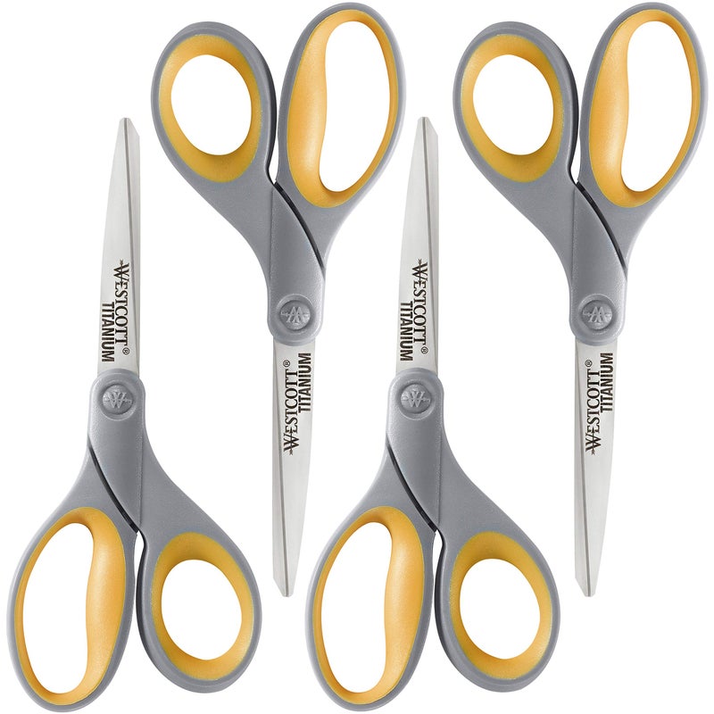 Westcott 8-Inch Titanium Bonded Scissors for Home, Office, and Classroom - Perfect for Cutting Paper, Sewing, and Crafts - Heavy-Duty Design with Soft Handle - Gray/Yellow - 4-Pack - Image 1